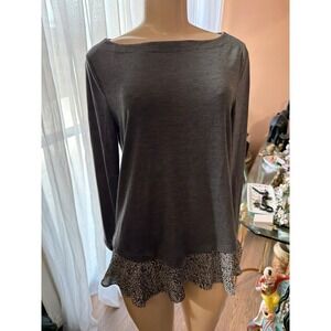 Loft‎ Gray Mixed Media Animal Print Ruffle Hem Boat Neck Top Petite Medium MP